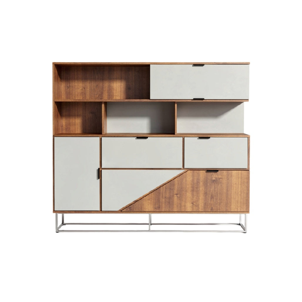 **Meuble de rangement moderne en bois et métal avec compartiments variés**