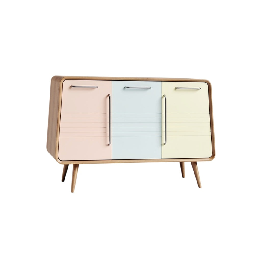 **Buffet contemporain en bois avec portes pastel et pieds en métal**