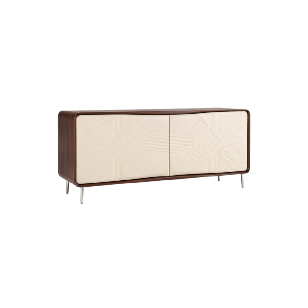 **Buffet en bois avec portes en relief et pieds métalliques**